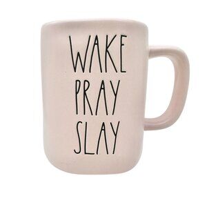Rae Dunn Artisan Collection 20 oz Mug WAKE PRAY SLAY Pink with Black Letters NEW